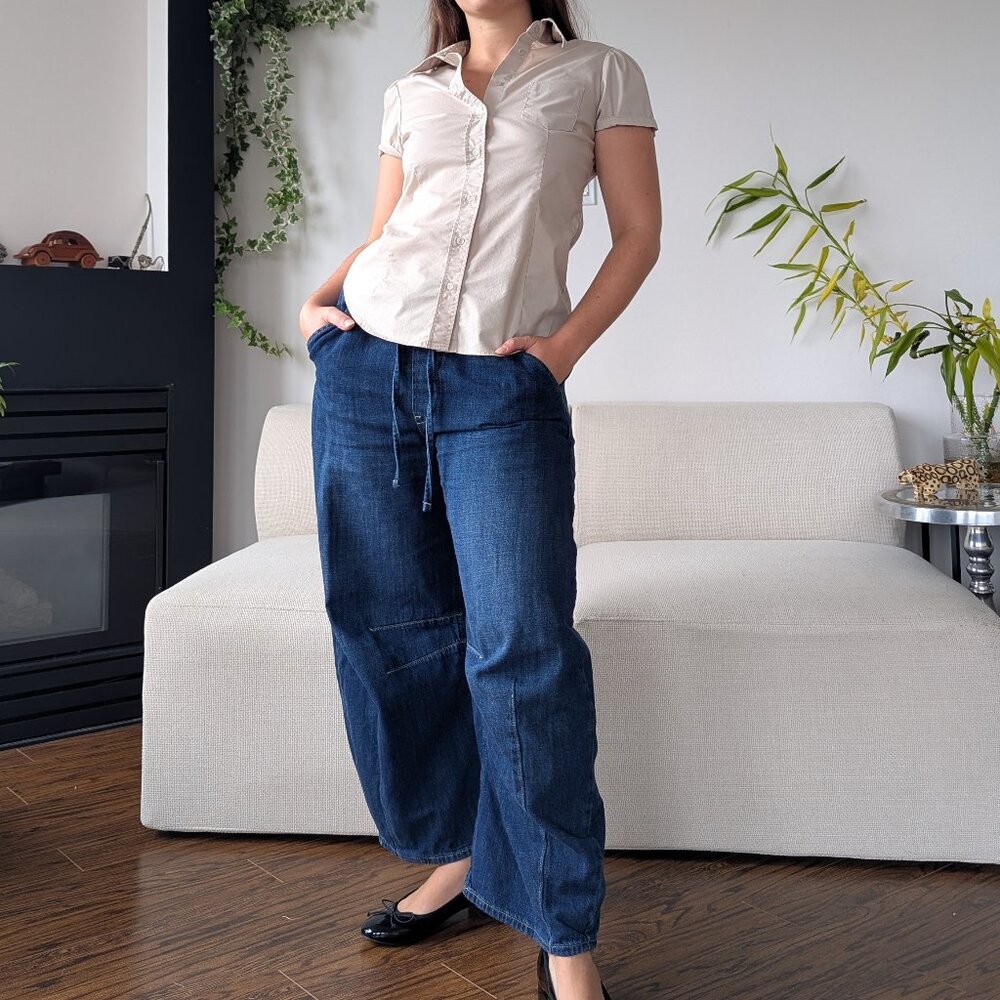 *2/$20* beige short sleeve button-up shirt, Size S